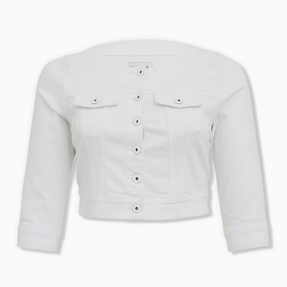 🆕 3X WHITE CROP COLLARLESS DENIM JACKET